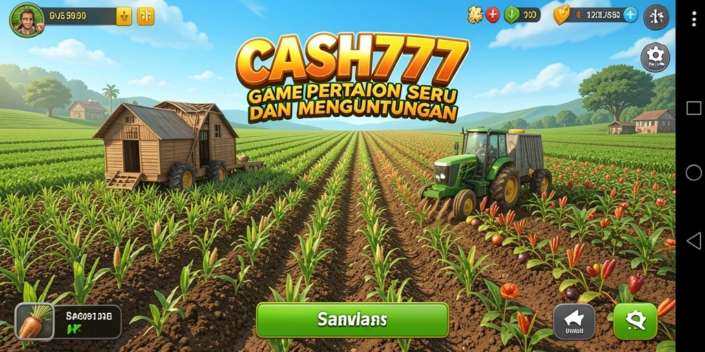Screenshot permainan <strong>CASH777</strong> menampilkan ladang yang subur dan hewan ternak.