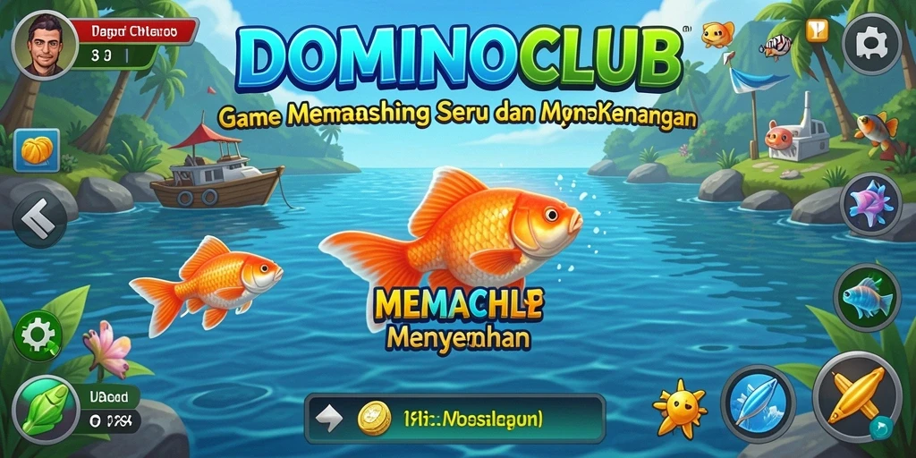 Screenshot gameplay DOMINOCLUB menampilkan aksi memancing yang seru dengan berbagai ikan.