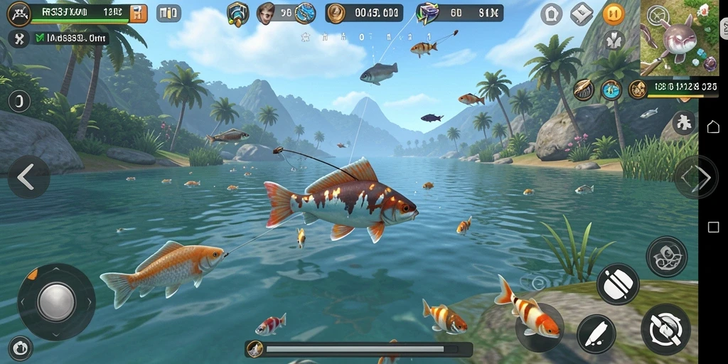 Screenshot utama RR33 menunjukkan aksi menangkap ikan di lautan yang cerah.